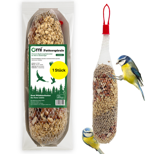 Orni Futterspirale für Wildvögel und Gartenvögel, 470 Gramm, schalenloses Futter im Netz mit Aufhängung und zwei Blaumeisen.
