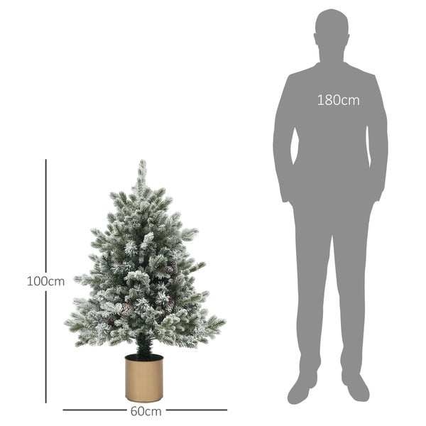 HOMCOM Künstlicher Weihnachtsbaum, 100 cm Christbaum mit 130 Spitzen, Kunstschnee, Blumentöpfe, flammenhemmend, für Weihnachten Deko, Grün+Gold