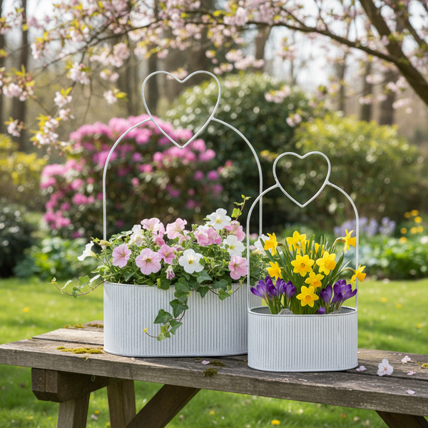 Zwei weiße, ovale Pflanzgefäße aus Metall mit herzförmigem Bügel auf einem Holztisch im Garten, bepflanzt mit bunten Frühlingsblumen.