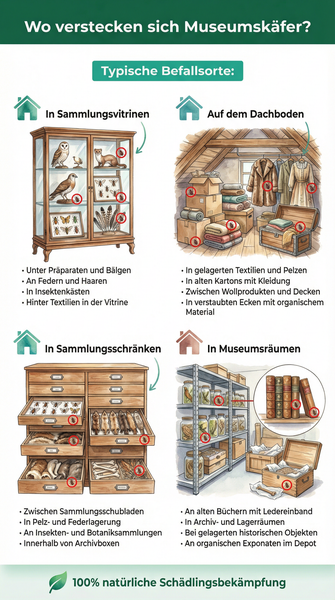 Infografik über Verstecke von Museumskäfern: Sammlervitrinen, Dachböden, Sammlungsschränke und Museumsräume