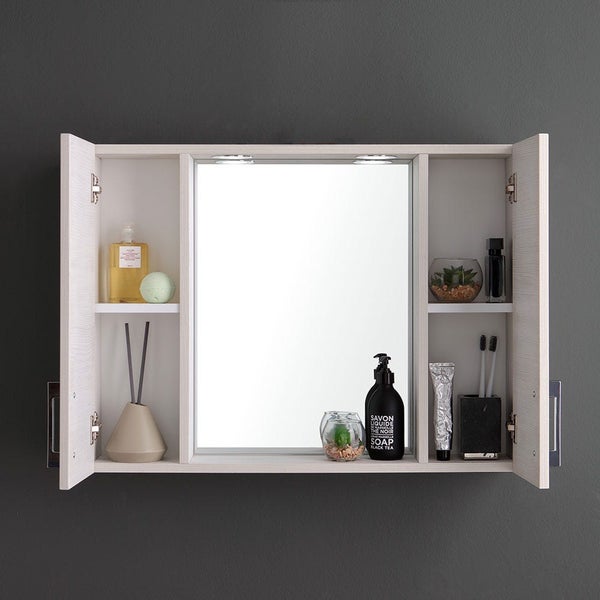 Moderner Spiegelschrank fürs Badezimmer mit integrierter LED-Beleuchtung, heller Holzoptik und seitlichen Ablagefächern.