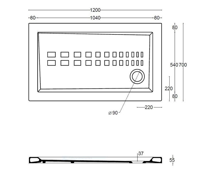 Technische Zeichnung einer rechteckigen Duschwanne mit Abmessungen von 1200 mal 700 Millimeter und einem Ablauf von 90 Millimeter Durchmesser.