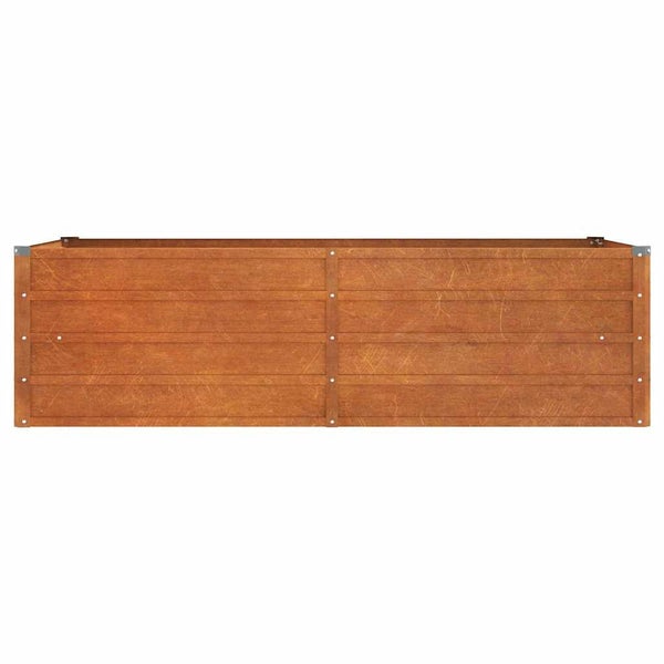Rechteckiges Hochbeet aus wetterfestem Corten-Stahl für den Garten.