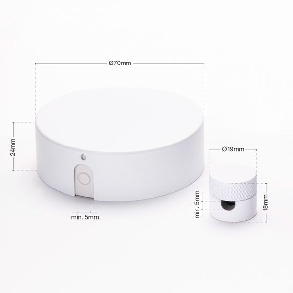 Abbildung eines runden Verteilergehäuses und einer Zugentlastung mit Maßangaben