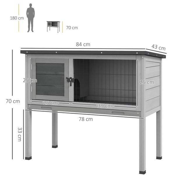 PawHut Hasenstall Kaninchenstall mit aufklappbar Dach Winterfest Hasenkäfig aus Tannenholz Outdoor Kleintierstall Kaninchenkäfig für Kaninchen Hasen Meerschweinchen 84x43x70 cm Grau