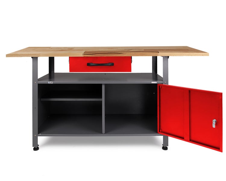 Werkbank mit Holzplatte, Schublade und Schrank