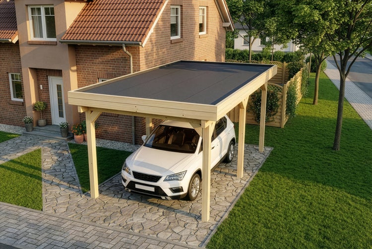 Freistehender Carport aus hellem Holz mit Flachdach und weißem Auto auf gepflasterter Einfahrt neben einem Wohnhaus aus Backstein.