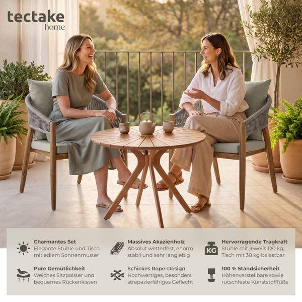 tectake home Logo. Zwei Frauen auf einer hellen Terrasse an einem Gartenmöbel-Set aus Akazienholz mit rundem Tisch und Sesseln im Rope-Design.