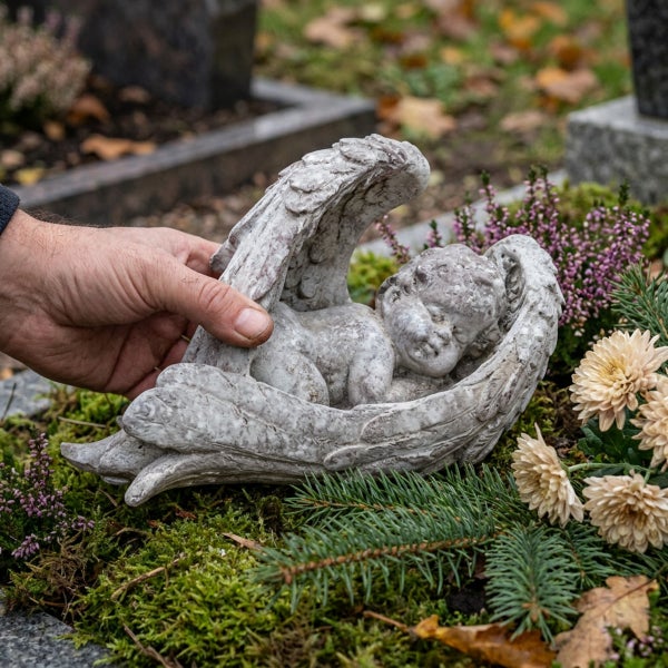 Steinfigur Engel liegend mit Flügeln als Grabschmuck auf einem Friedhof gehalten von einer Hand