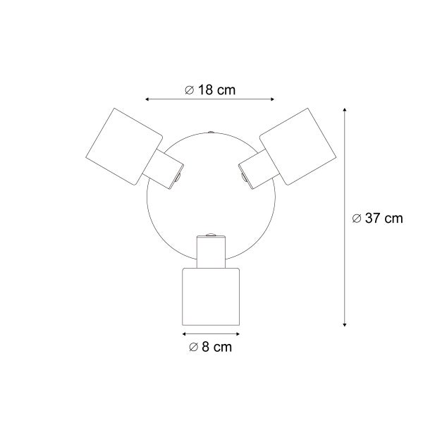 Technische Zeichnung einer Deckenleuchte mit drei Strahlern und Maßangaben