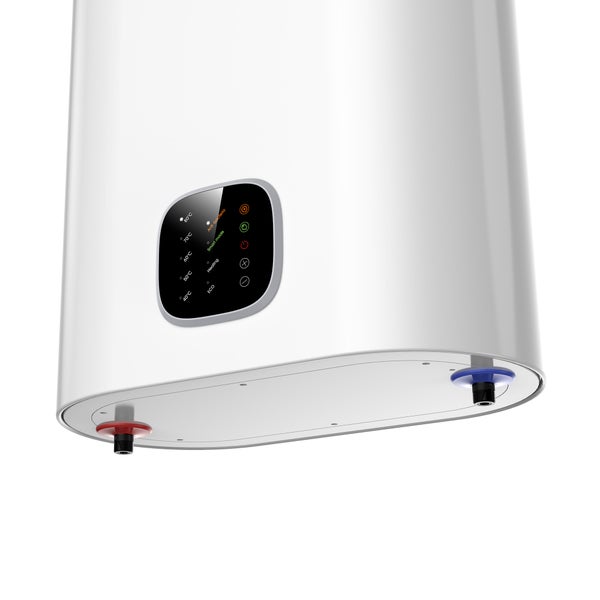 Weißer elektrischer Warmwasserspeicher mit digitalem Display zur Temperatureinstellung zwischen 40 und 80 Grad Celsius und verschiedenen Modi.