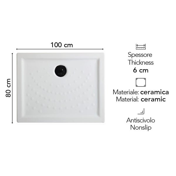 Duschwanne aus Keramik, 100 mal 80 Zentimeter, Stärke 6 Zentimeter, rutschfeste Oberfläche.
