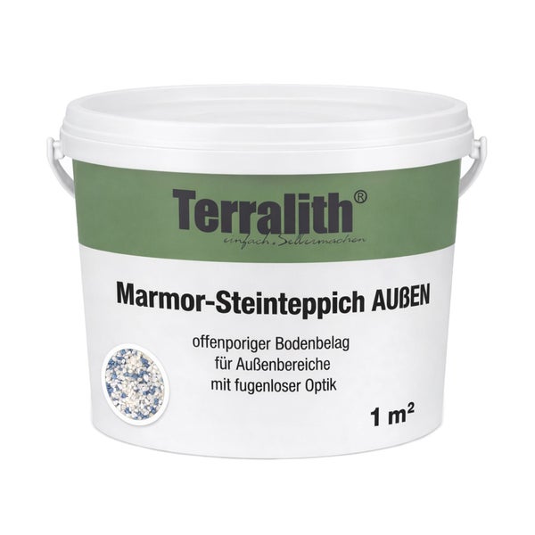 Terralith Marmor-Steinteppich für den Außenbereich, offenporiger Bodenbelag in fugenloser Optik, für circa 1 Quadratmeter.