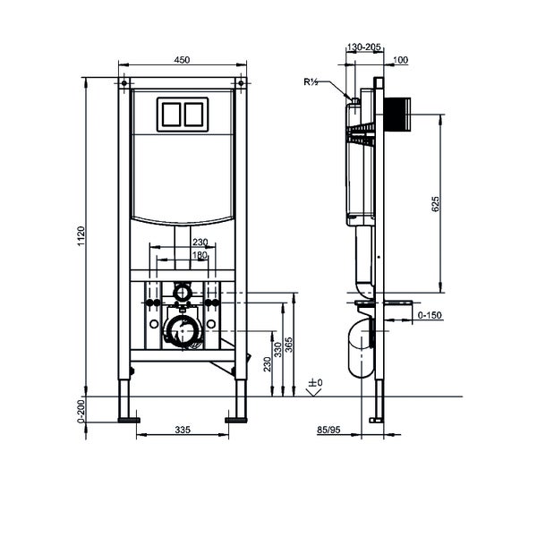 Maßzeichnung eines Vorwandelements für WCs mit Angaben zu Höhe, Breite und Tiefe in Millimetern.