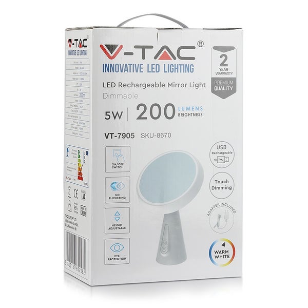 V-TAC Logo. Verpackung einer dimmbaren, wiederaufladbaren LED Spiegellampe mit 5 Watt und 200 Lumen Lichtstärke.