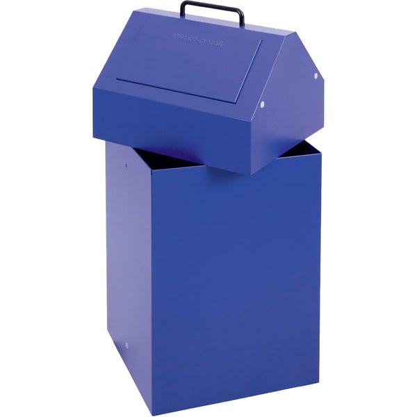 Blauer Abfallbehälter aus Metall mit Giebeldeckel und schwarzem Griff.