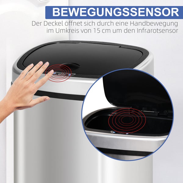 HOMCOM, Automatik Mülleimer, Abfalleimer, 40,5L x 29,5B x 57H cm, Edelstahl, ABS, Silber