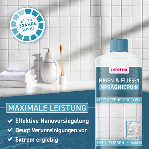 PLINTEX® [1L] Dusche & Bad-Dicht | Fugen- und Fliesen Imprägnierung für Dusche & Bad | Langanhaltende Fliesen Versiegelung mit Lotuseffekt gegen Kalk & Schmutz | Transparent & Geruchsneutral