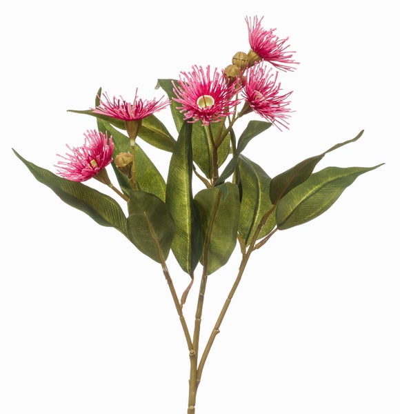 Künstlicher Eukalyptuszweig Corymbia mit pinken Blüten und grünen Blättern.