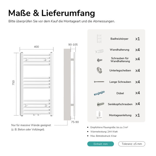 Technische Zeichnung und Lieferumfang eines Badheizkörpers mit Abmessungen, Montagezubehör und Leistungsdaten.