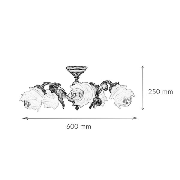 Zeichnung einer Deckenleuchte mit floralem Design und Maßangaben
