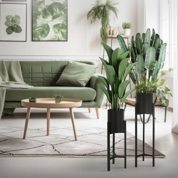 ML-Design Blumenständer im 2er Set, Schwarz, 18x18x56cm / 20x20x76cm , Moderne Blumentopfständer mit Übertopf, Robuste Pflanzenständer aus Metall, Blumentopfhalter 2-TLG, Pflanztopf Deko, Blumenhalter