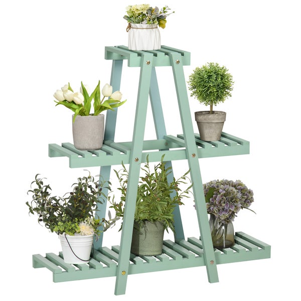 Outsunny Pflanzenregal, Blumenregal mit 3 Stufen, Pflanzentreppe für 6 Blumentöpfen, Pflanzenständer für Garten, Balkon, Holz, Hellgrün, 76 x 26 x 76 cm