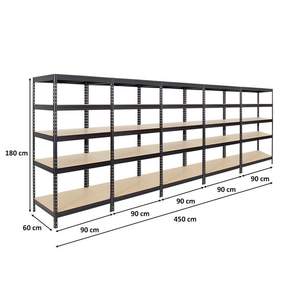 PROREGAL Mega Deal 5x Schwerlastregal Rivet HxBxT 180 x 90 x 60 cm Fachlast 250 kg Schwarz