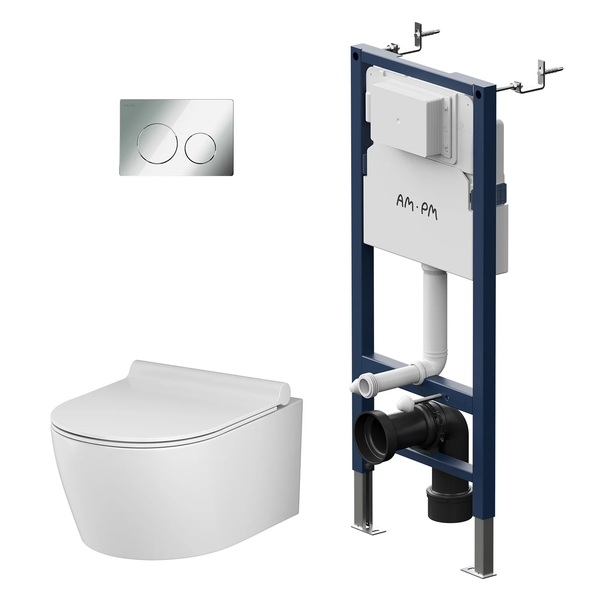 AM.PM Wand-WC Set Tiefspüler offener Spülrand weiß glänzend mit WC-Sitz , Vorwandelement und Betätigungsplatte chrom IIS90151.XB1700