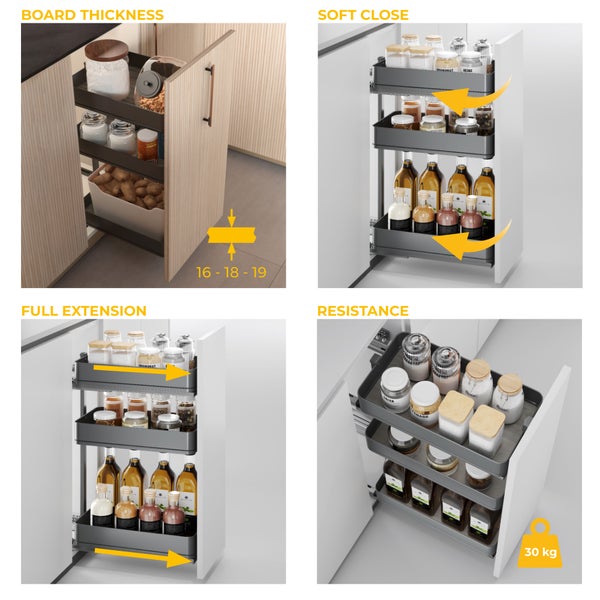 Drei-etagiges Küchen-Auszugregal, passend für 16 bis 19 Millimeter Korpusstärke, mit Soft-Close, Vollauszug und 30 Kilogramm Belastbarkeit.