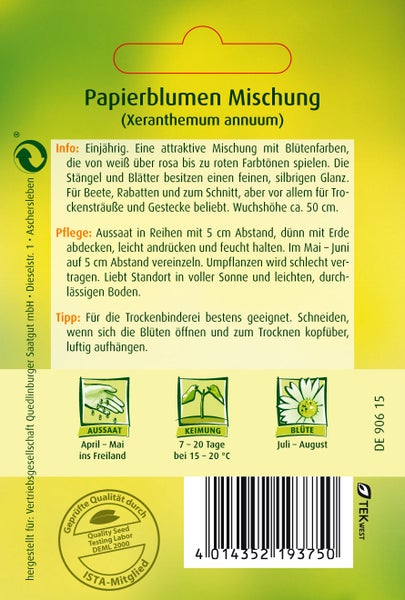 Rückseite einer Samentüte für Papierblumen Mischung mit Infos zu Aussaat, Keimung und Blüte sowie Quedlinburger Saatgut Logo und Barcode.