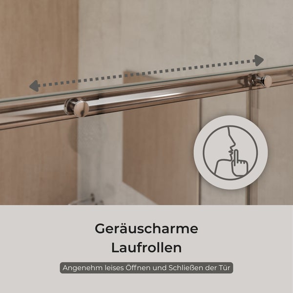 Geräuscharme Laufrollen einer gläsernen Duschschiebetür mit einem Symbol für geräuscharmen Betrieb.