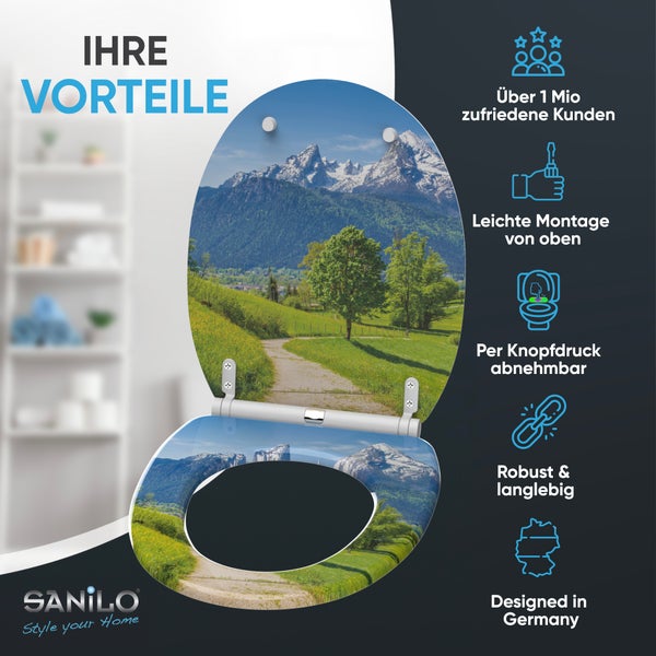 Sanilo Logo. Toilettensitz mit Bergmotiv. Vorteile: einfache Montage von oben, abnehmbar per Knopfdruck, robust, langlebig, Design in Deutschland.