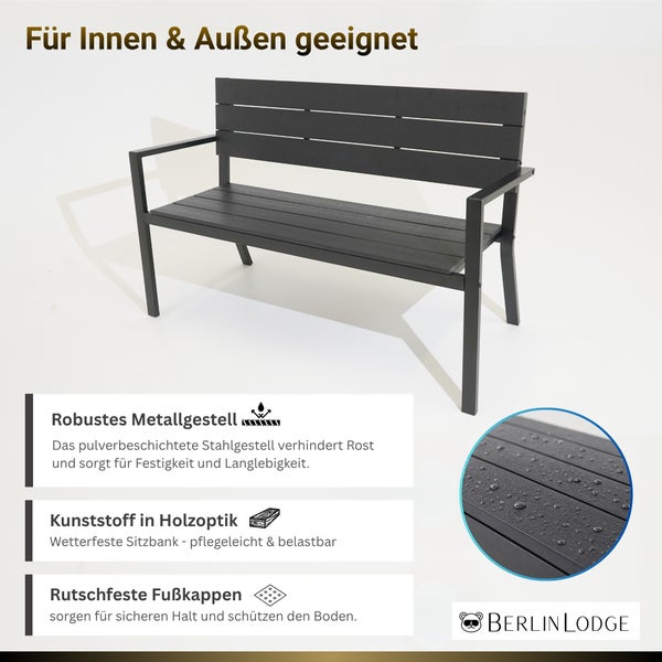 Anthrazitfarbene Gartenbank Berlin Lodge aus Kunststoff in Holzoptik mit Metallgestell und rutschfesten Fußkappen für innen und außen.