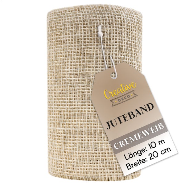 Rolle Juteband von Creative Deco in Cremeweiß, Länge 10 Meter, Breite 20 Zentimeter.