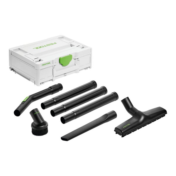 Festool Reinigungsset im Systainer mit Boden- und Fugendüse, Saugpinsel, Handrohr und Verlängerungsrohren.