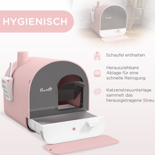 PawHut Katzentoilette mit Deckel, Katzenklo inkl. Schaufel und Streu-Matte, Ausziehbares Tablett, Katzenklo für Katzen bis 5 kg, Rosa, 43 x 44 x 47 cm