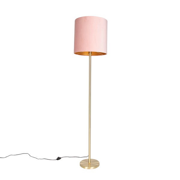QAZQA - Modern Romantische Stehlampe Messing mit rosa Schirm 40 cm - Simplo I Wohnzimmer I Schlafzimmer - Textil Zylinder I Länglich - LED geeignet E27