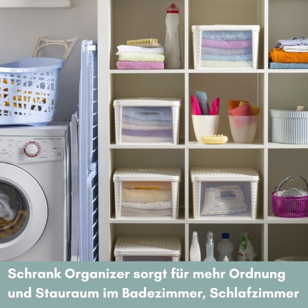 Regal mit Aufbewahrungsboxen, Waschmaschine und Bügelbrett für Badezimmer oder Schlafzimmer