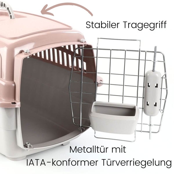 Haustiertransportbox mit stabilem Tragegriff und Metalltür mit IATA-konformer Türverriegelung