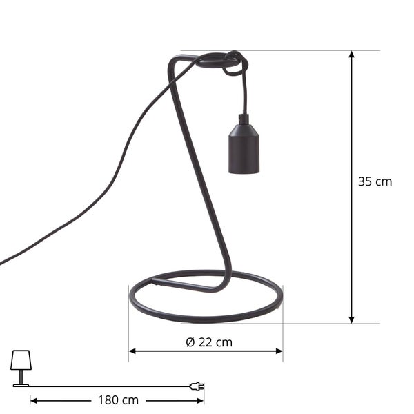 Schwarze Tischleuchte mit den Maßen 35 cm Höhe, 22 cm Durchmesser und 180 cm Kabellänge.