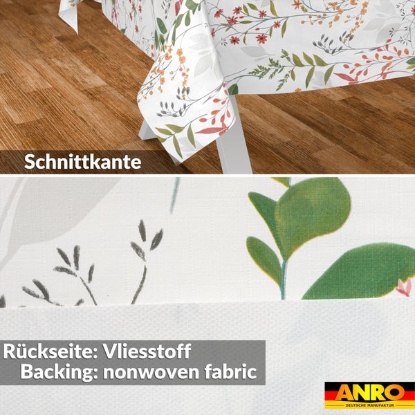 Tischdecke mit floralem Muster, Detailansicht der Schnittkante und der Rückseite aus Vliesstoff. ANRO Logo.