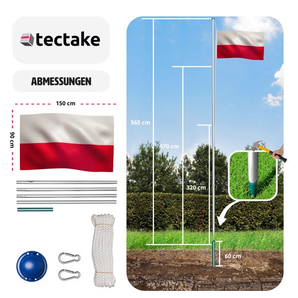 Fahnenmast tectake  aus Aluminium inklusive Seilzug und Bodenhülse