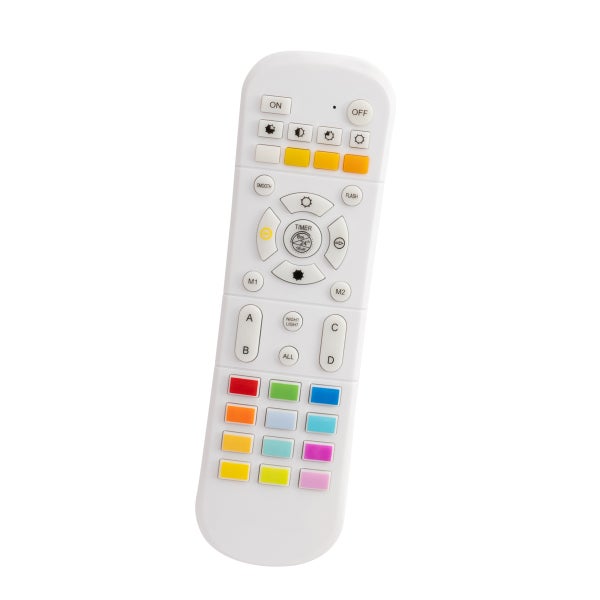 Weiße Fernbedienung für LED-Leuchten mit farbigen Tasten zur Steuerung von Farbe, Helligkeit, Timer und Lichtmodi.