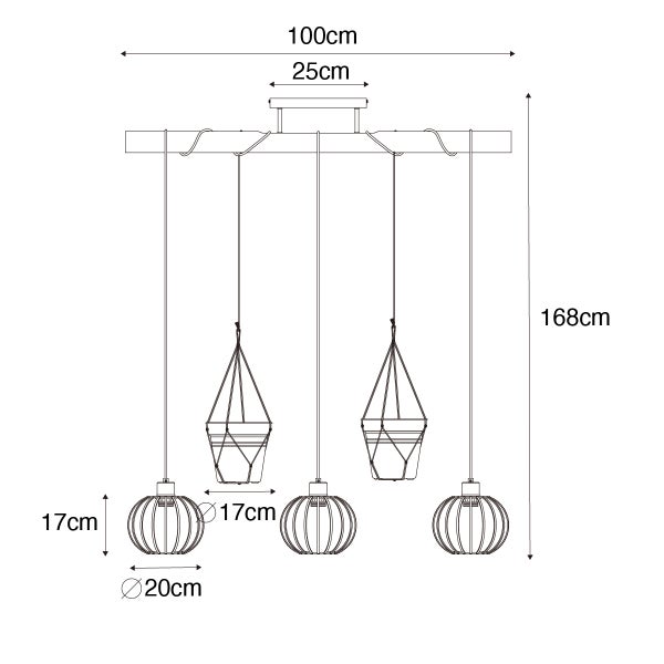 Abbildung der Abmessungen einer Pendelleuchte mit fünf Lampen, 168 cm hoch, 100 cm breit und einem Lampendurchmesser von 20 cm.