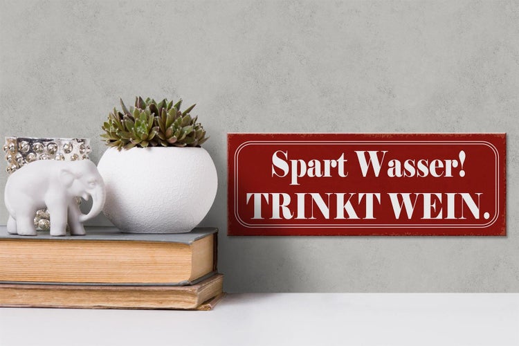 Holzschild Spruch 27x10cm spart Wasser trinkt Wein rotes Schild
