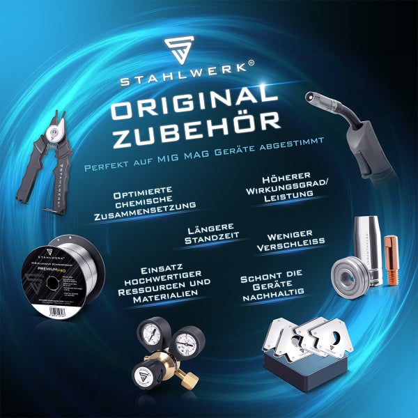 Stahlwerk Original-Zubehör für MIG MAG Schweißgeräte mit Schweißbrenner, Schweißdraht, Druckminderer, Schweißzange und Magnetwinkeln.