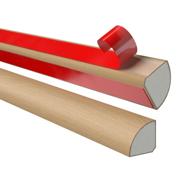 Selbstklebende Viertelleiste aus Polyvinylchlorid in Holzoptik zur Montage an Wand Boden und Möbeln mit Anwendungsbeispielen im Innenbereich