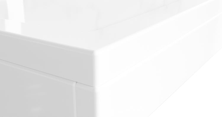 Detailansicht der Ecke einer rechteckigen Badewanne mit Schürze aus Sanitäracryl.