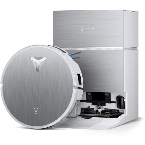 Ecovacs Saugroboter mit automatischer Absaugstation in gebürsteter Metalloptik.